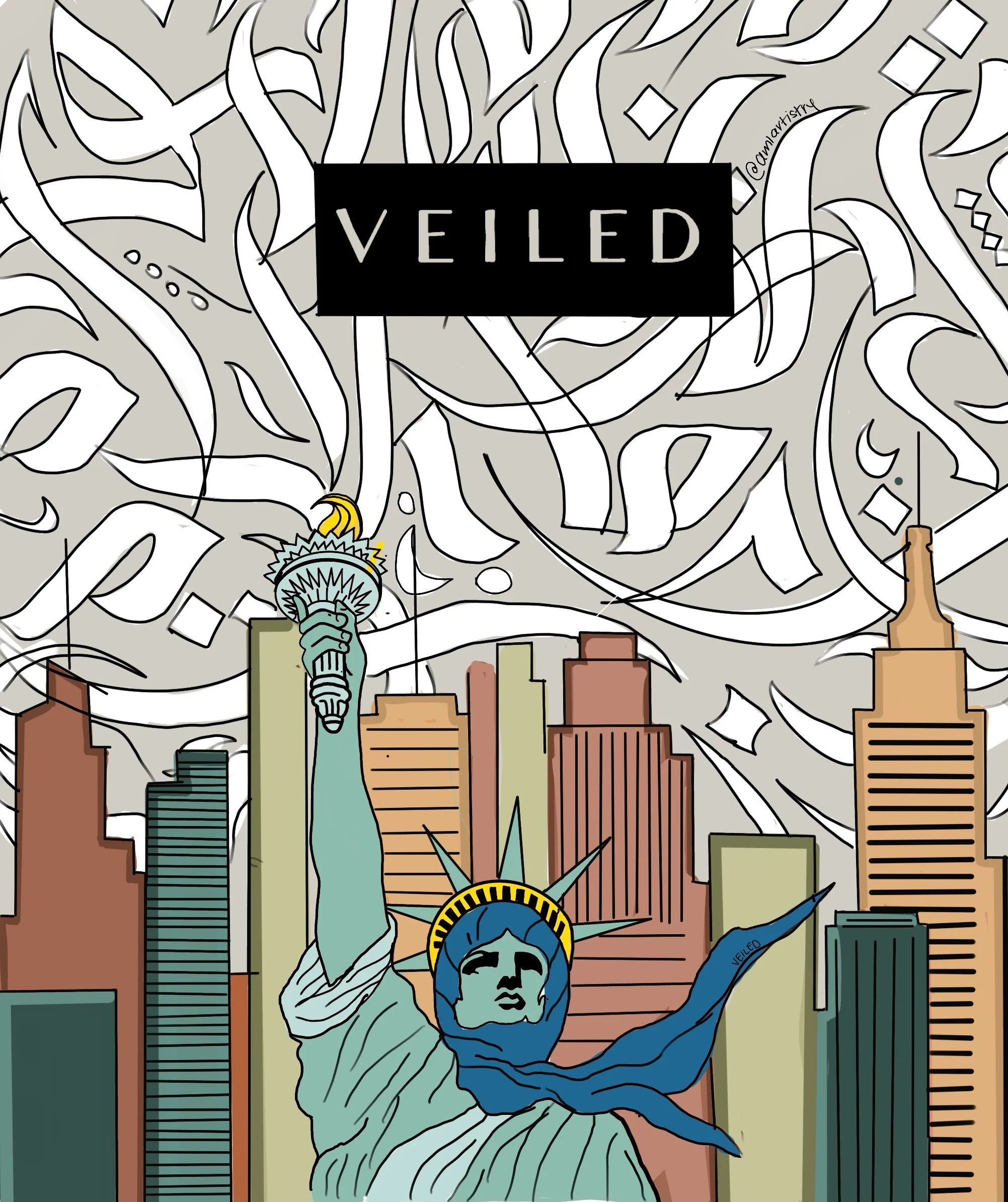 Drawing of the Statue of Liberty with a city skyline in the background, and an abstract black and white background with the word 'VEILED' written on a black rectangle in the center.