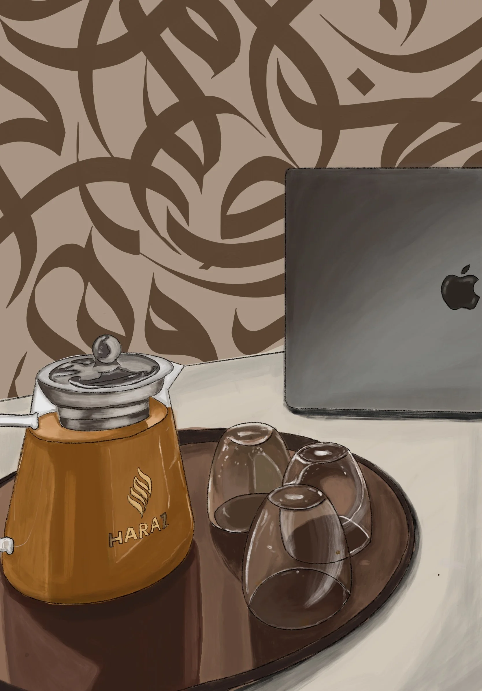 A coffee setup with a brown HARA coffee grinder, three upside-down glasses, and a silver Apple MacBook on a white table against a brown and beige abstract patterned wall.