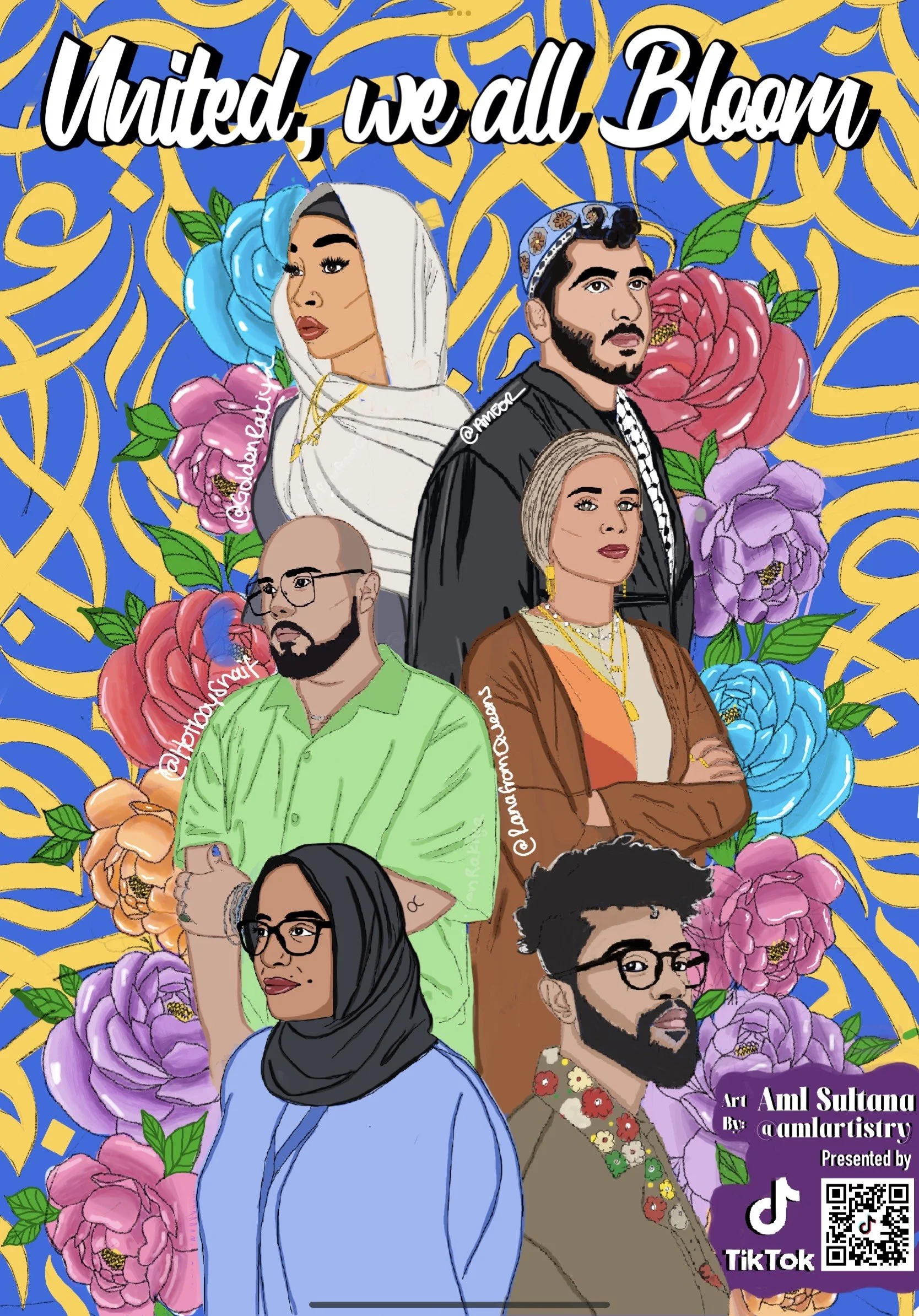 A colorful illustration of diverse people surrounded by vibrant flowers with the text 'United, we all bloom.' The artwork credits Aml Sultana, includes hashtags and a TikTok QR code.
